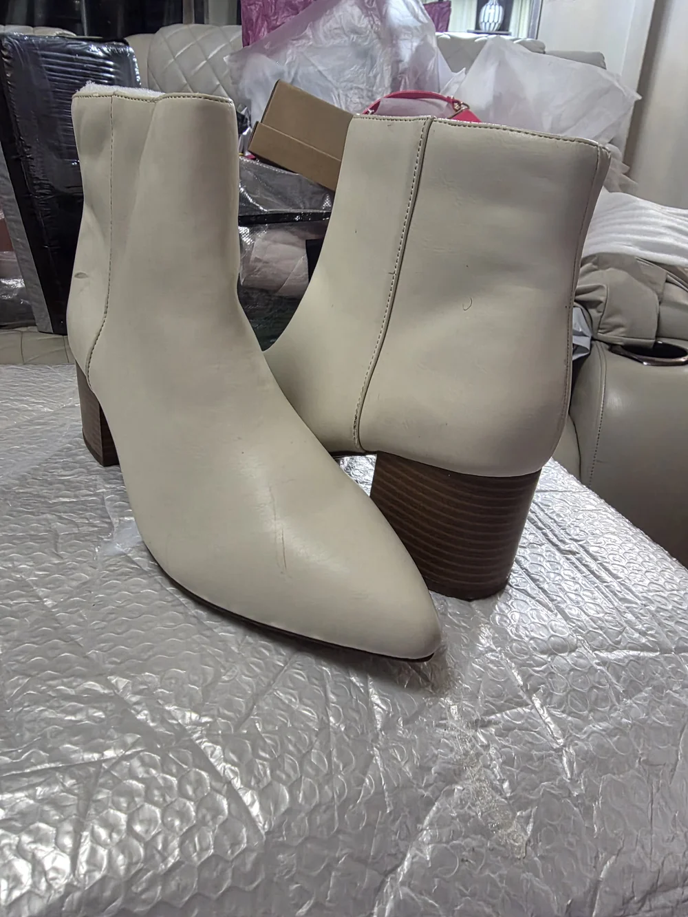 Women’s Cream Ankle Boots with Block Heel